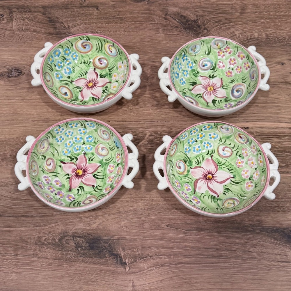 Vestal Alcobaca Portugal Hand Painted Floral Ceramic Bowls Set of 4 Green Pink